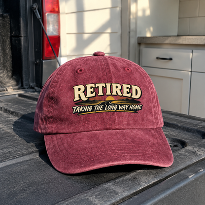 Burgundy vintage washed cap with printed Taking The Long Way Home slogan on front