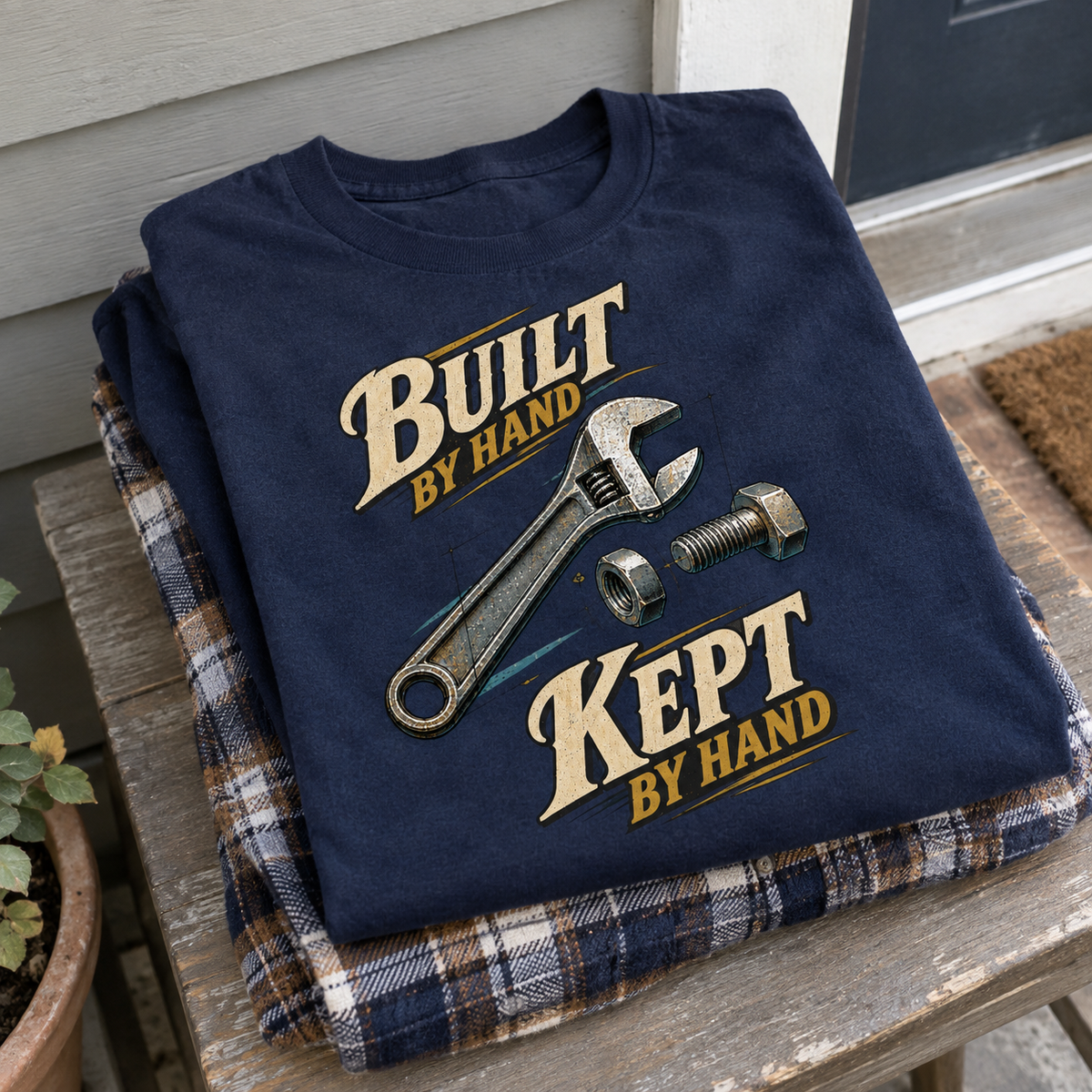 Navy vintage t-shirt with Build By Hand. Keep It By Hand slogan and wrench graphic