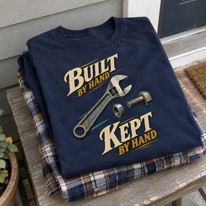 Navy vintage t-shirt with Build By Hand. Keep It By Hand slogan and wrench graphic