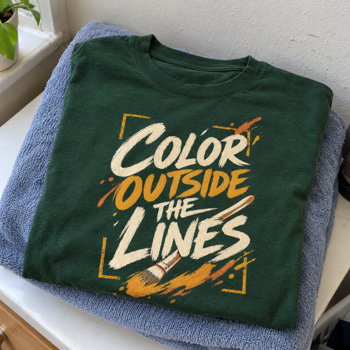 Green vintage t-shirt with printed “Color Outside the Lines” slogan and paintbrush design, shown flat lay
