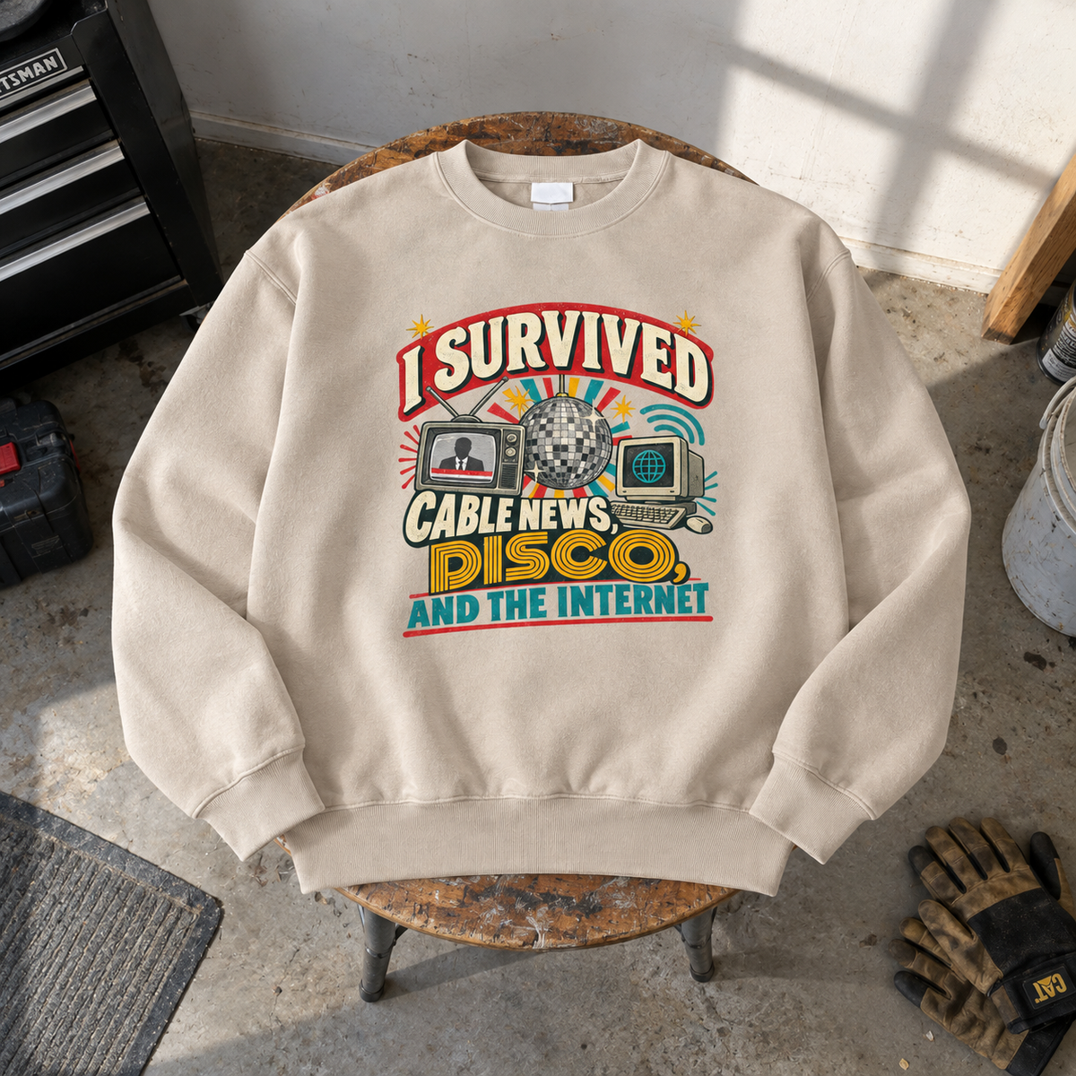Cream vintage sweatshirt with I Survived Cable News, Disco, And The Internet print