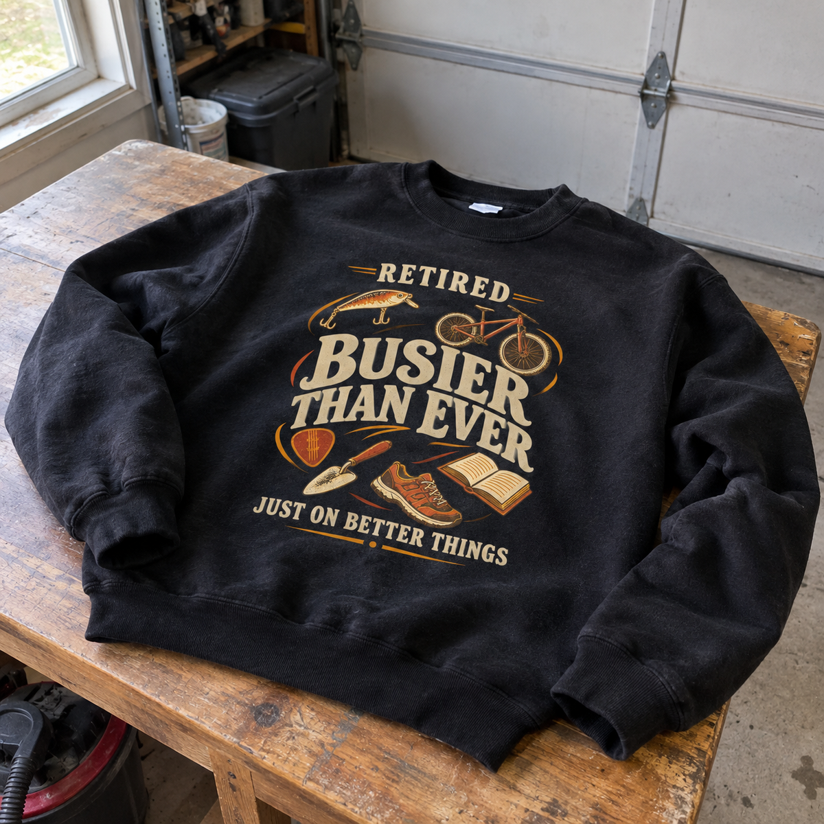 Black vintage sweatshirt printed with Retired Busier Than