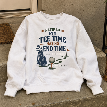 White vintage sweatshirt with printed golf slogan Retired. My Tee Time Has No End Time