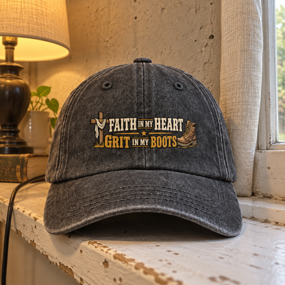 Charcoal vintage washed cap printed with Faith In My Heart Grit In My Boots