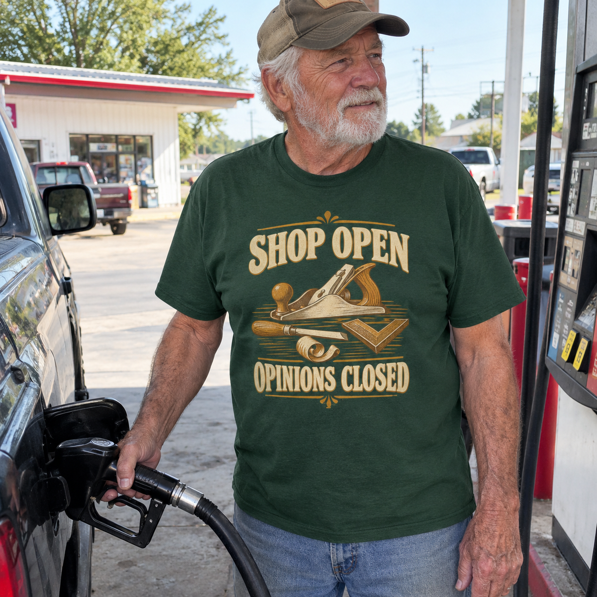 Dark green vintage t-shirt with printed Shop Open Opinions Closed design worn by senior man