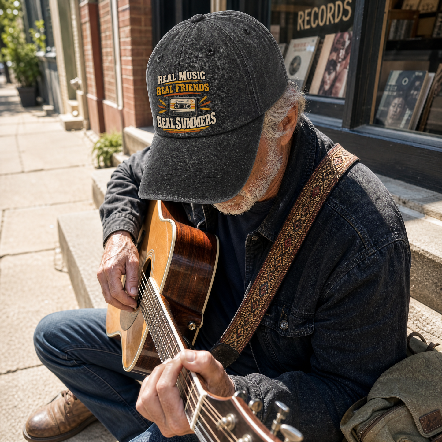 Vintage washed cap with printed Real Music Real Friends Real Summers slogan worn by senior guitarist outdoors