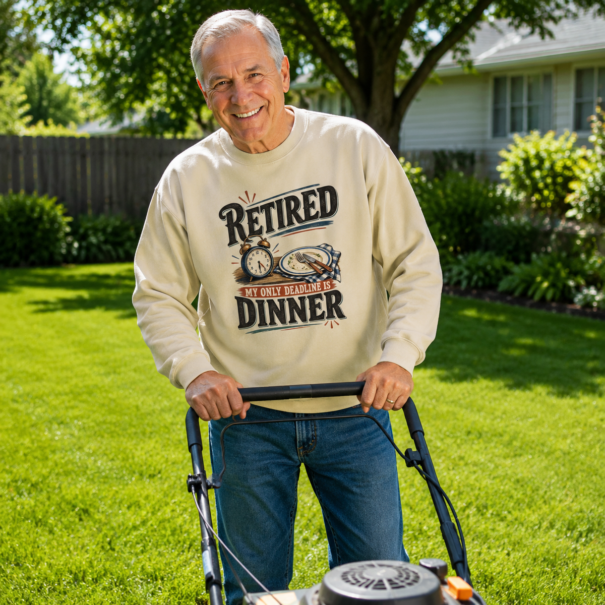 Senior man wearing cream vintage sweatshirt with printed My Only Deadline Is Dinner slogan outdoors