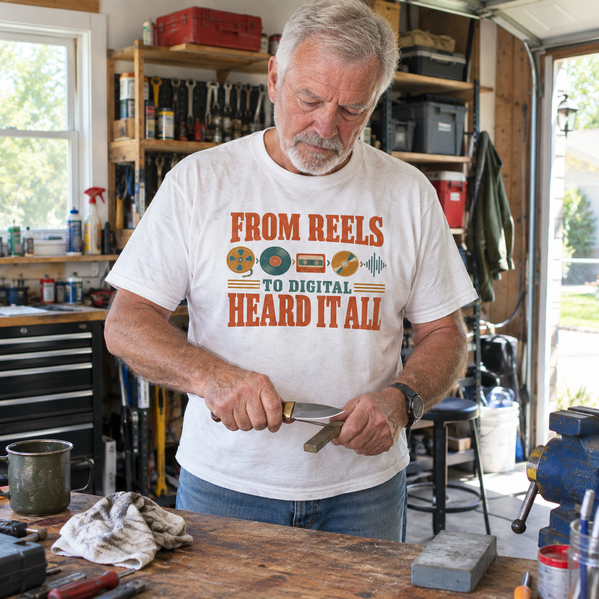White vintage t-shirt with printed “From Reels To Digital Heard It All” slogan worn by senior man in workshop