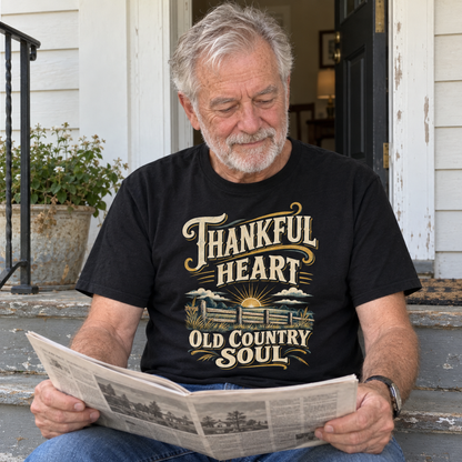 Senior man reading newspaper on porch, wearing black vintage t-shirt printed Thankful Heart Old Country Soul