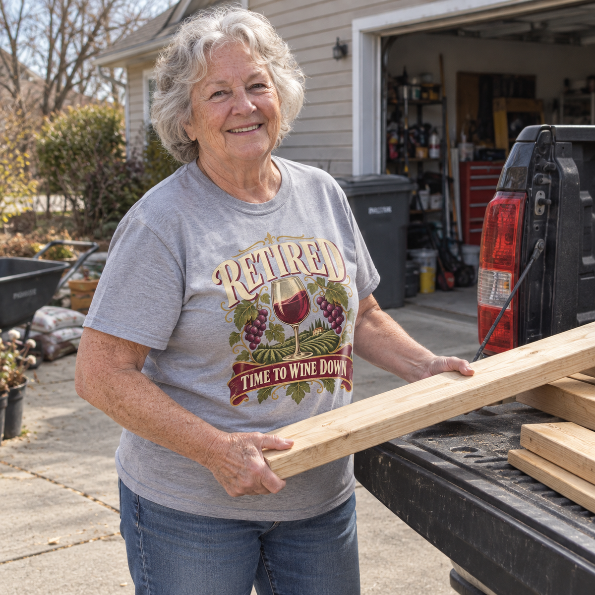 Smiling older woman wearing gray retired wine slogan T-shirt beside pickup truck