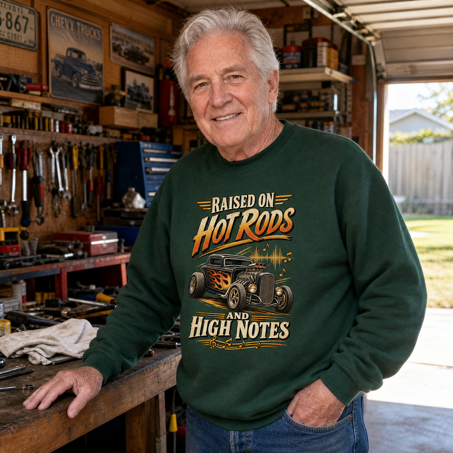 Vintage sweatshirt featuring printed “36 Hot Rods and High Notes” design, lifestyle view.