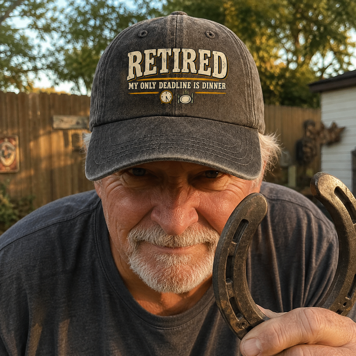 Senior man wearing black vintage washed cap with My Only Deadline Is Dinner print