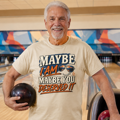 Senior man wearing beige vintage t-shirt with printed Maybe I Am slogan at bowling alley