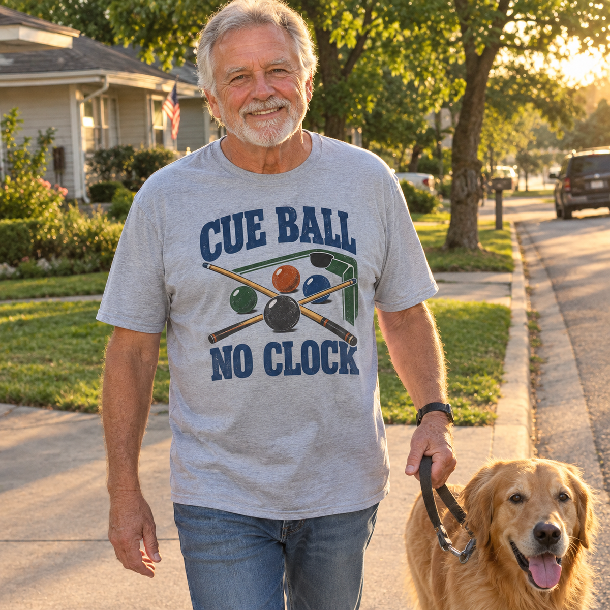 Gray vintage t-shirt with printed Cue Ball No Clock design worn by senior walking dog