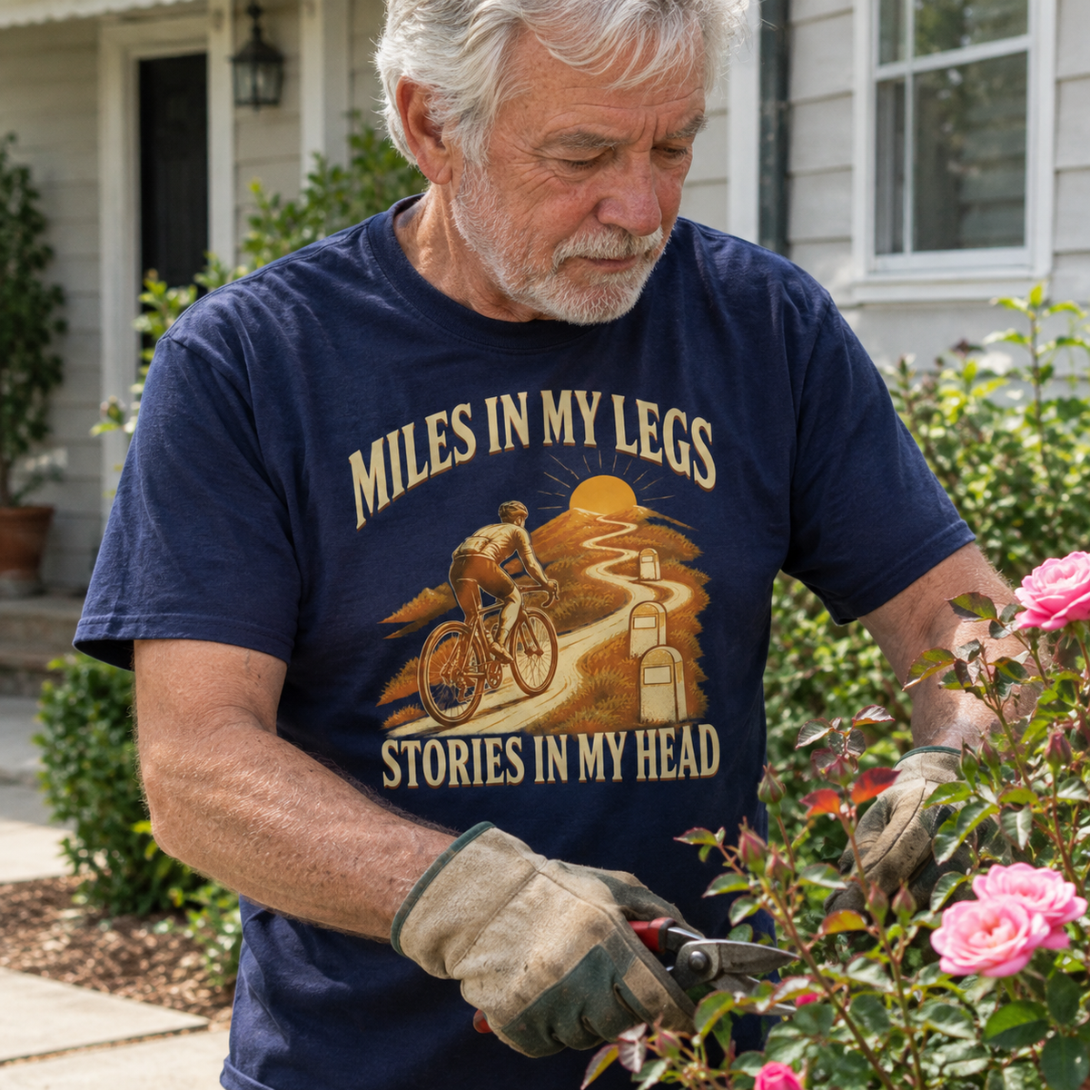 Senior man wearing vintage t-shirt with Miles In My Legs, Stories In My Head, gardening