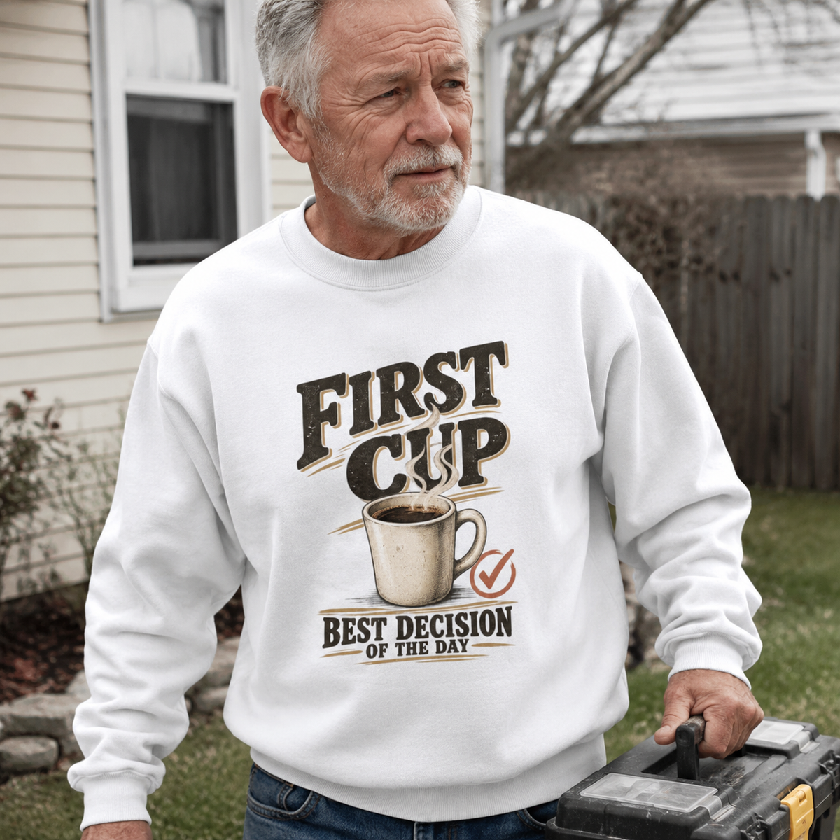 White vintage sweatshirt with printed coffee slogan worn by senior man outdoors