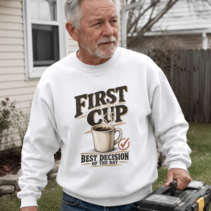 White vintage sweatshirt with printed coffee slogan worn by senior man outdoors