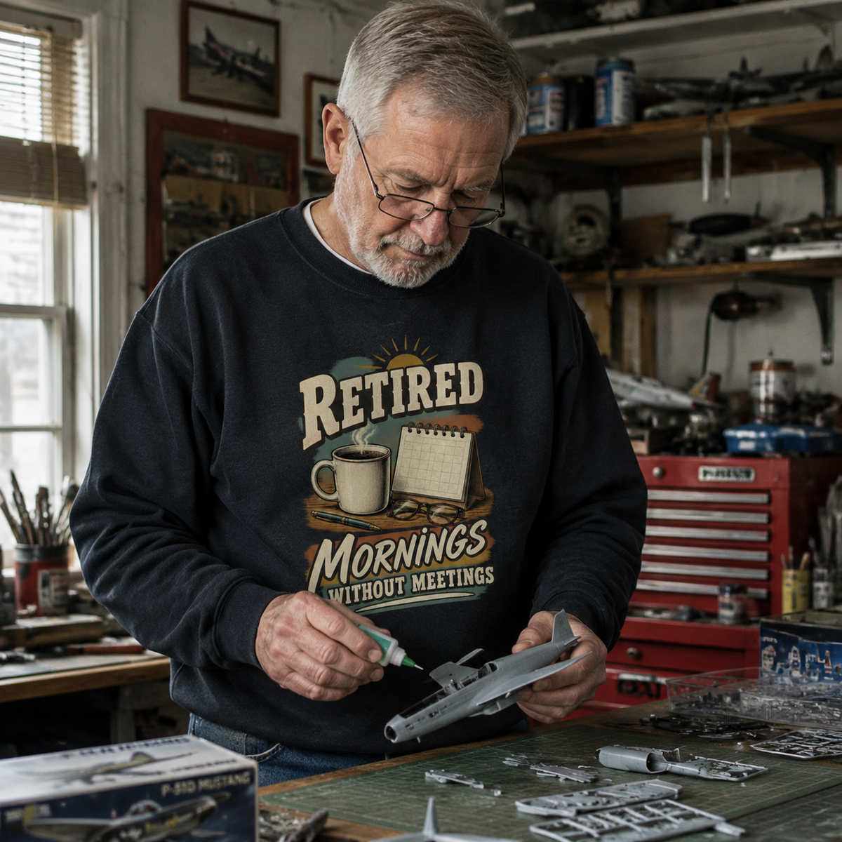Vintage sweatshirt with printed Retired Mornings Without Meetings, worn by senior man modeling an airplane