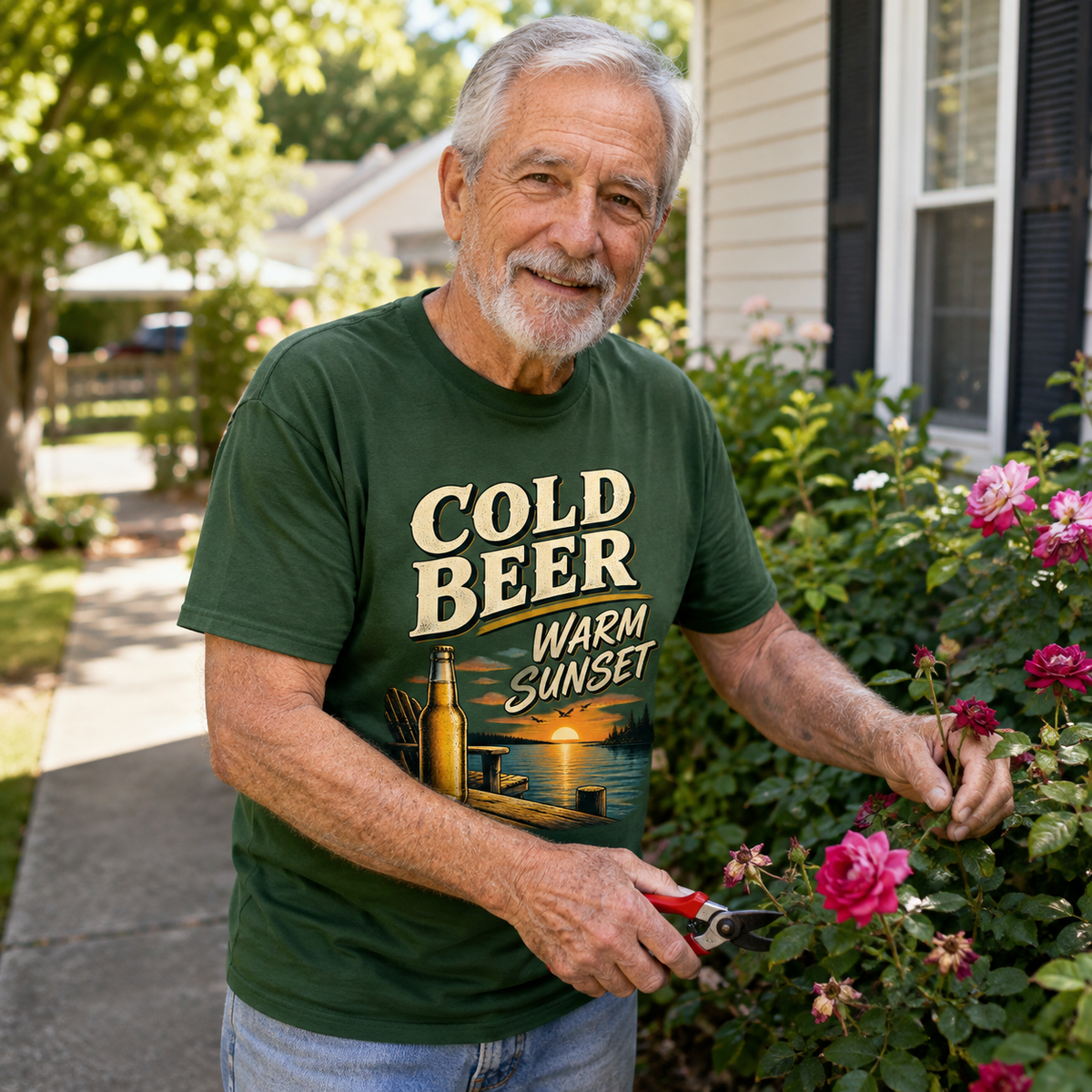 Senior man wearing green vintage t-shirt with printed Cold Beer Warm Sunset design outdoors
