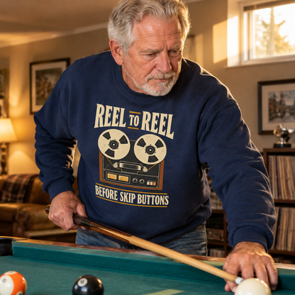 Navy vintage sweatshirt with printed Reel To Reel Before Skip Buttons design, worn by senior