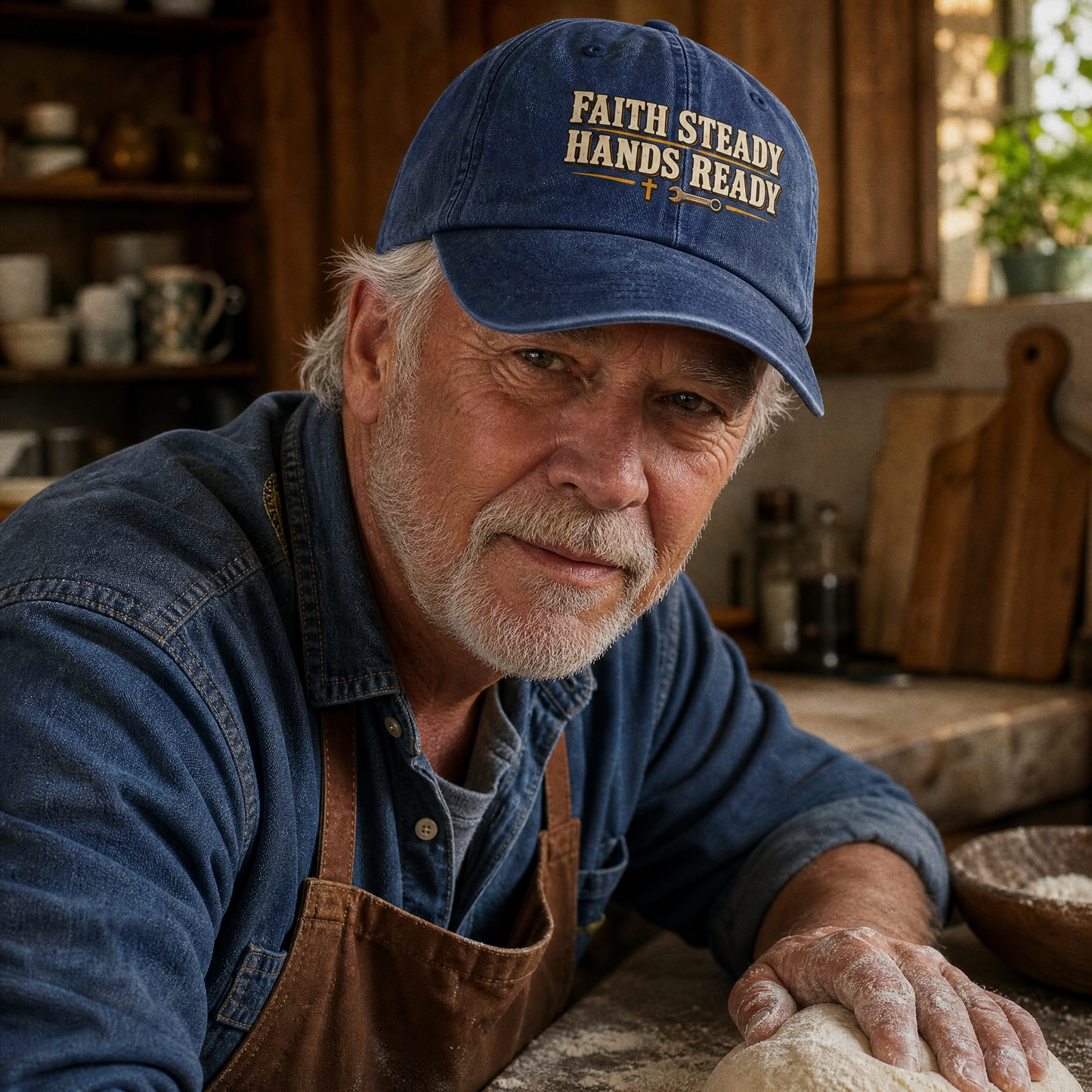 Senior man wearing blue vintage washed cap with printed Faith Steady Hands Ready slogan