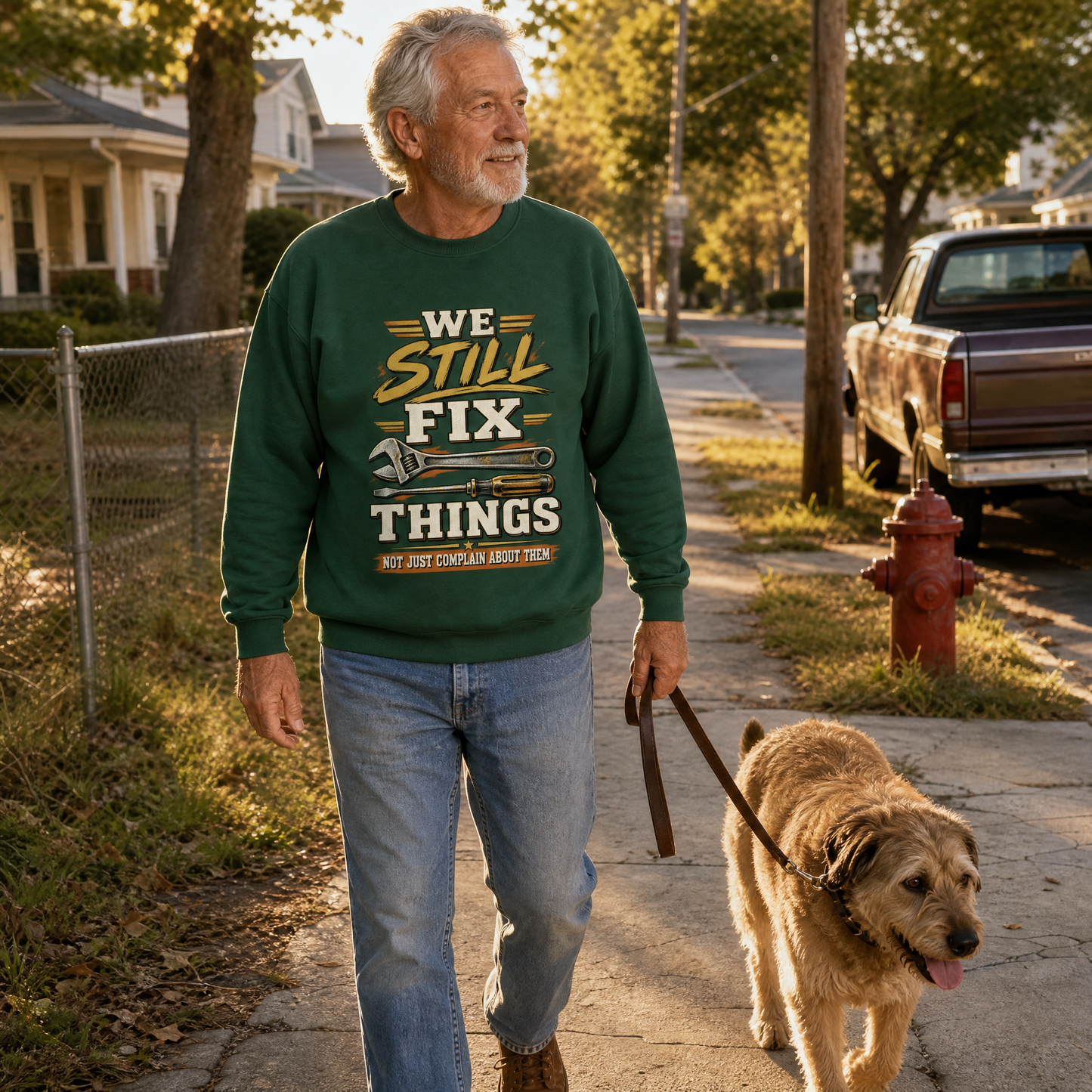 Senior man wearing green vintage sweatshirt with printed We Still Fix Things walks dog outdoors.