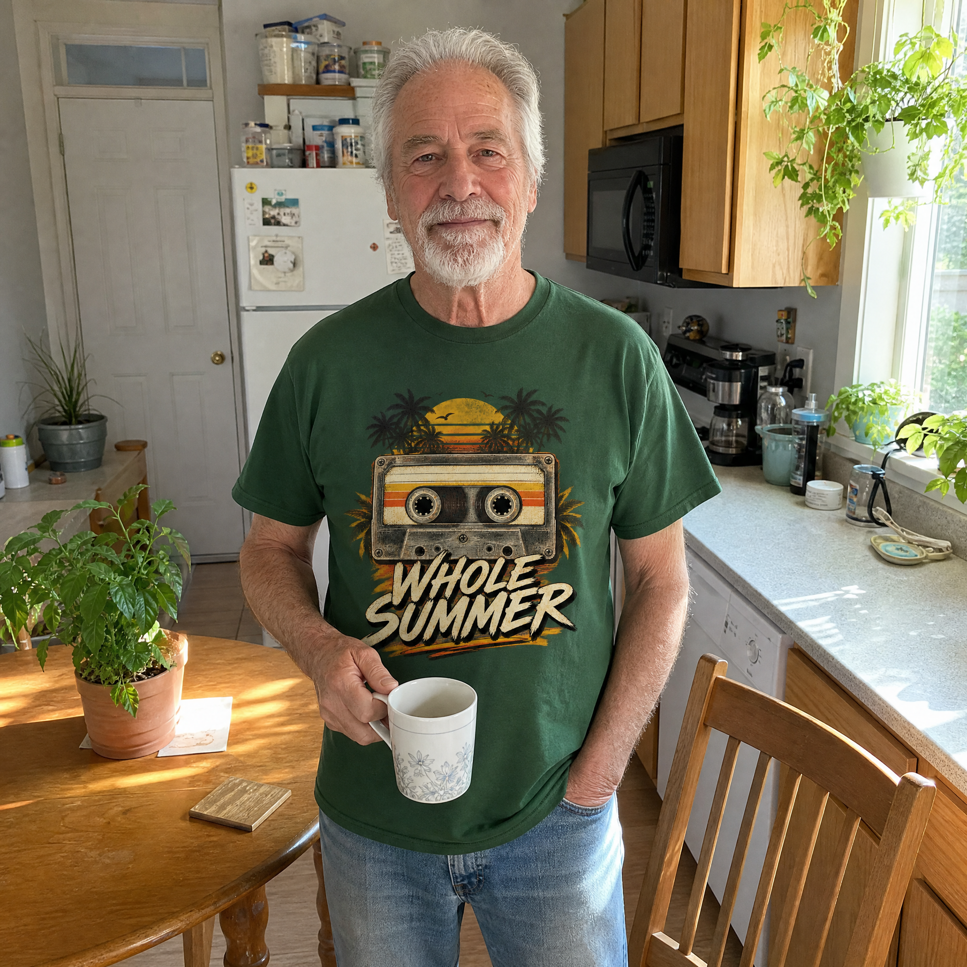 Vintage t-shirt with printed “Side A Side B Whole Summer” slogan in lifestyle setting
