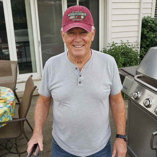 Burgundy vintage washed cap with “We Traveled Without a Charger” print on senior man outdoors