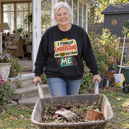 Senior woman in black vintage sweatshirt printed I Finally Understand What Old Really Means Me