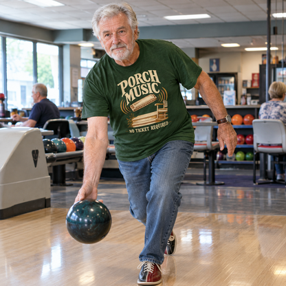 Green vintage t-shirt with printed Porch Music slogan, worn by senior man bowling.