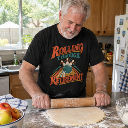 Senior wearing vintage t-shirt with Rolling Through Retirement printed design