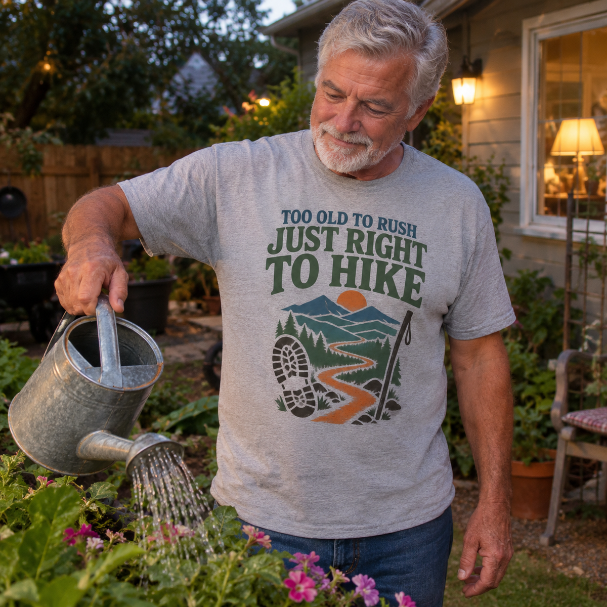 Senior man wearing gray vintage t-shirt with hiking slogan, watering garden