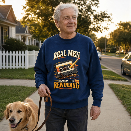 Vintage sweatshirt featuring printed “45 real men remember rewinding” slogan in a lifestyle setting
