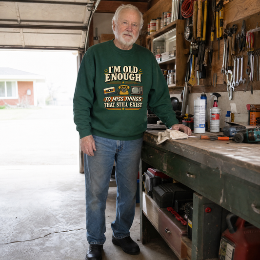 Vintage sweatshirt featuring printed “42 miss things that still exist” design in a lifestyle setting.