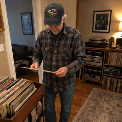 Senior man wearing a black vintage washed cap with printed No GPS slogan indoors
