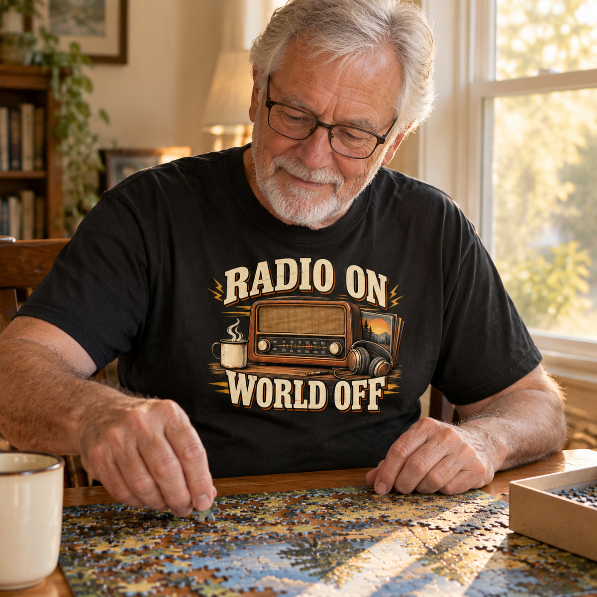 Senior man wearing black vintage t-shirt with printed Radio On World Off design indoors