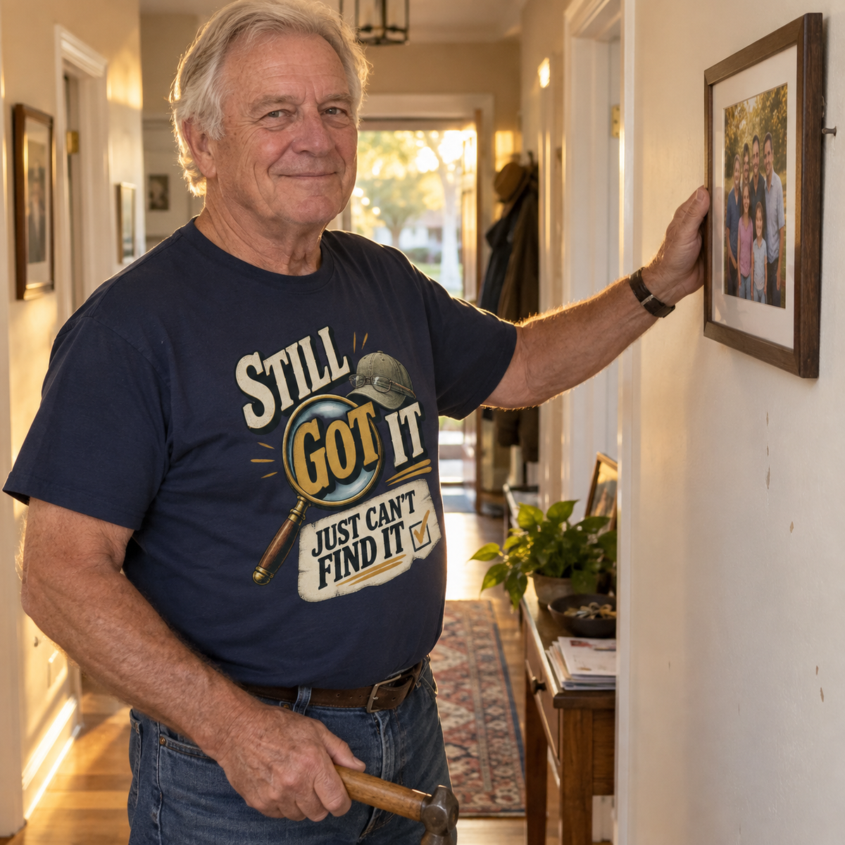 Senior man wears navy vintage t-shirt printed with Still Got It Just Can't Find It