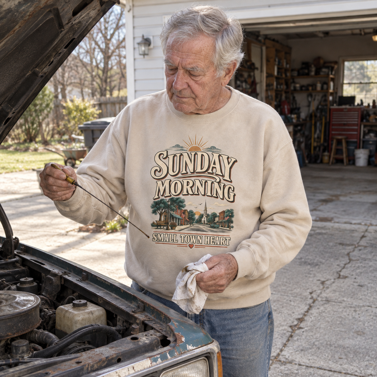 Senior man wears cream vintage sweatshirt with printed Sunday Morning Small Town Heart beside car