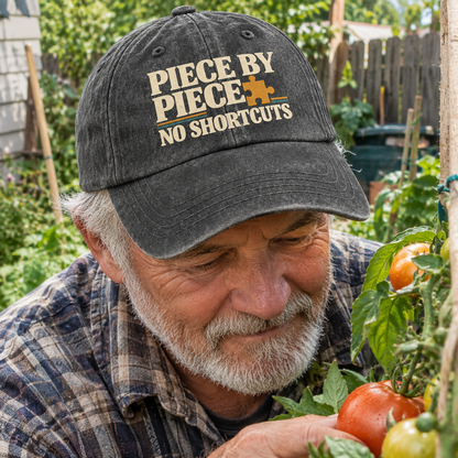 Black vintage washed cap with printed “Piece By Piece. No Shortcuts” worn by senior gardener