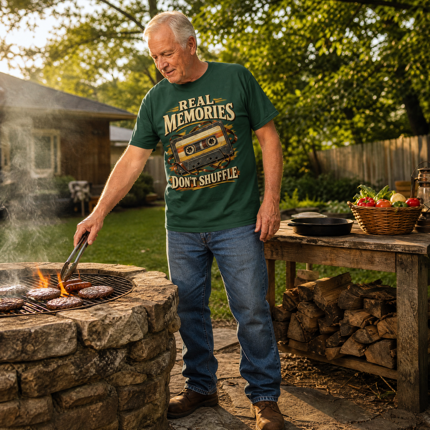 Senior man wearing green vintage t-shirt with printed “Real Memories Don’t Shuffle” while grilling outdoors