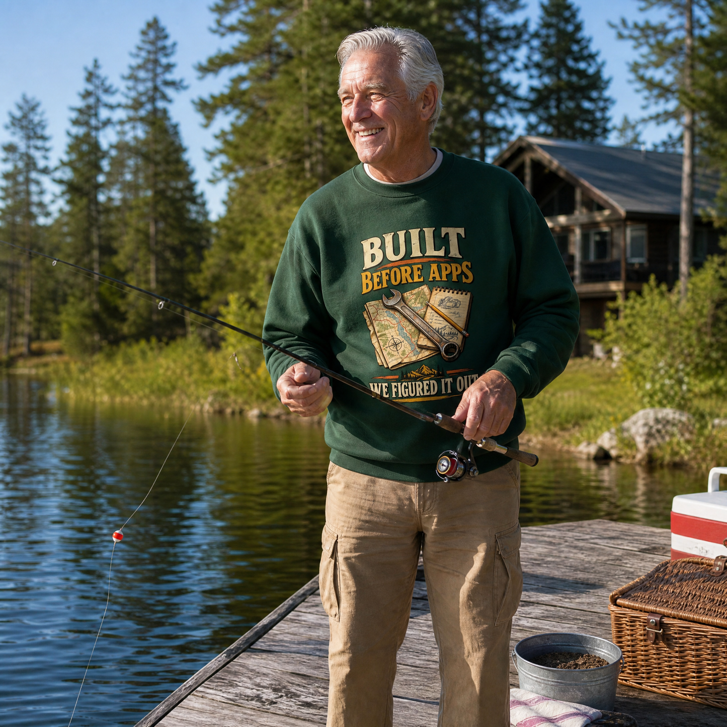 Senior man wearing green vintage sweatshirt printed “Built Before Apps We Figured It Out” fishing