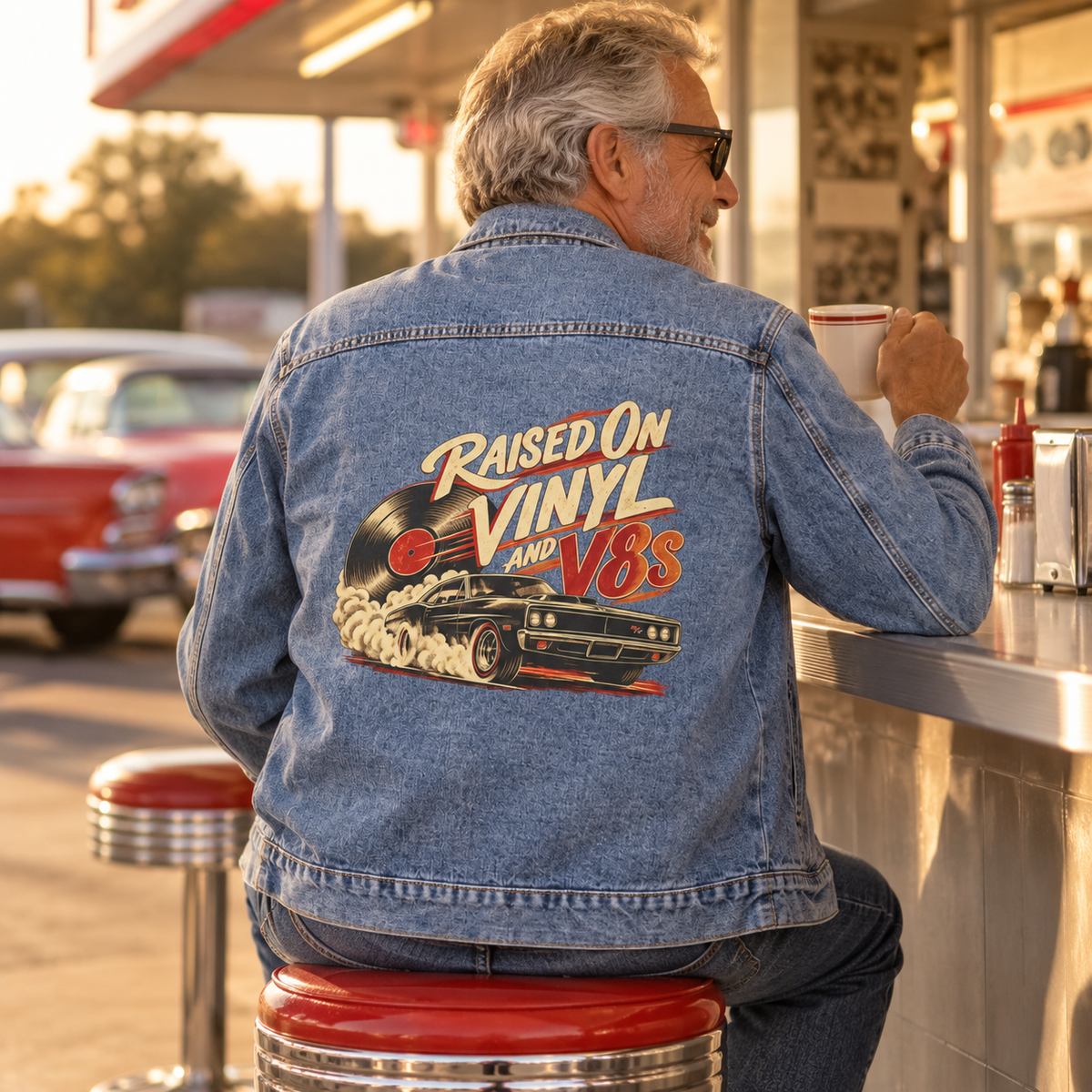 Senior man at a diner counter wearing denim jacket with Raised on Vinyl and V8s back print