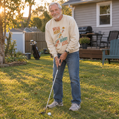 Senior man wearing vintage sweatshirt with printed Walk More Worry Less design outdoors