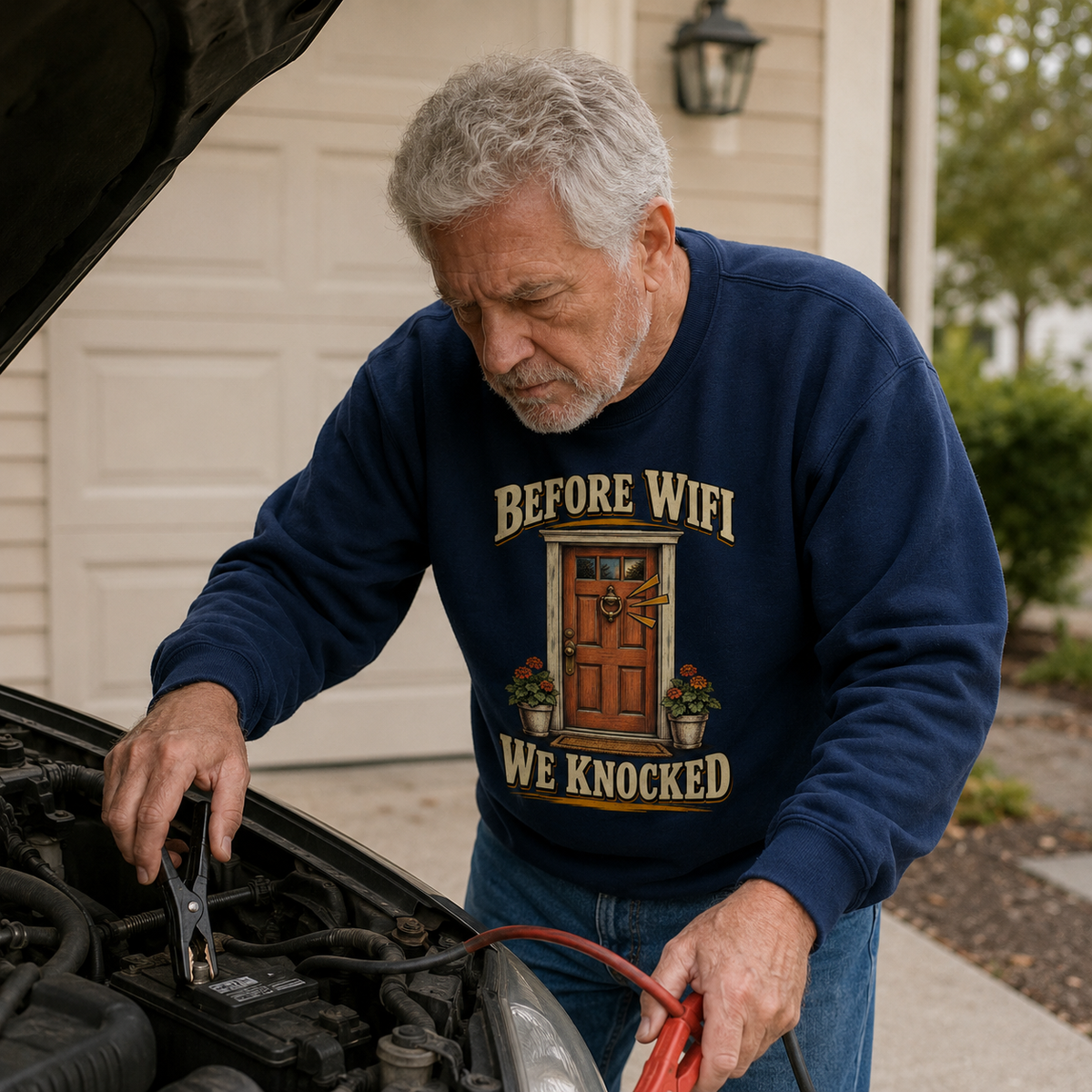 Navy vintage sweatshirt with Before Wifi We Knocked print, worn by senior man outdoorsSenior man wearing navy vintage