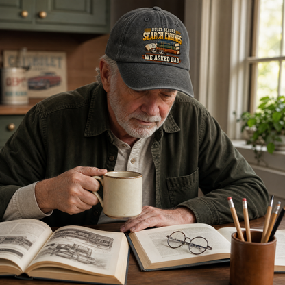 Senior man wearing black vintage washed cap with “Built Before Search Engines We Asked Dad” print.