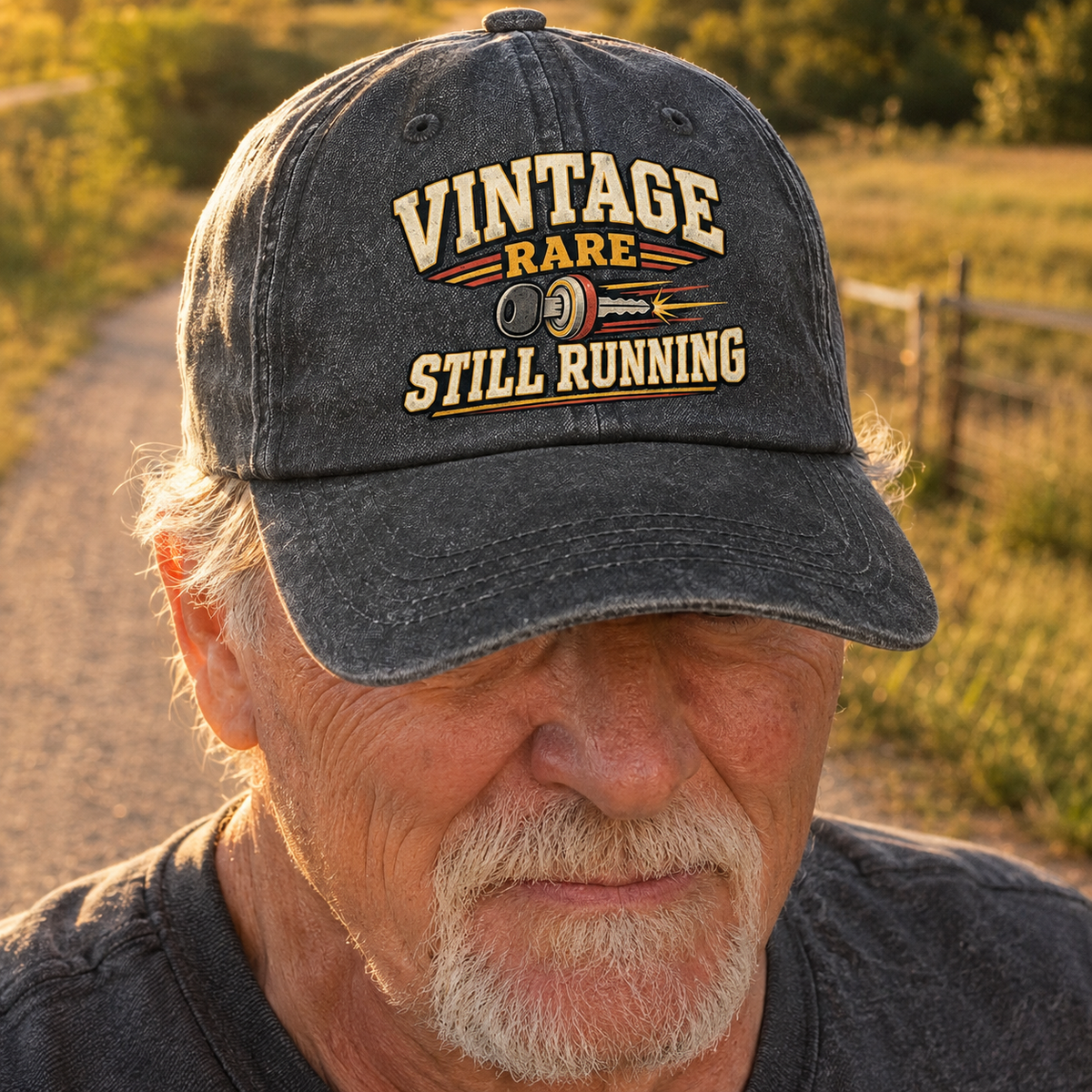 Vintage washed cap with printed Rare Still Running slogan on senior man outdoors