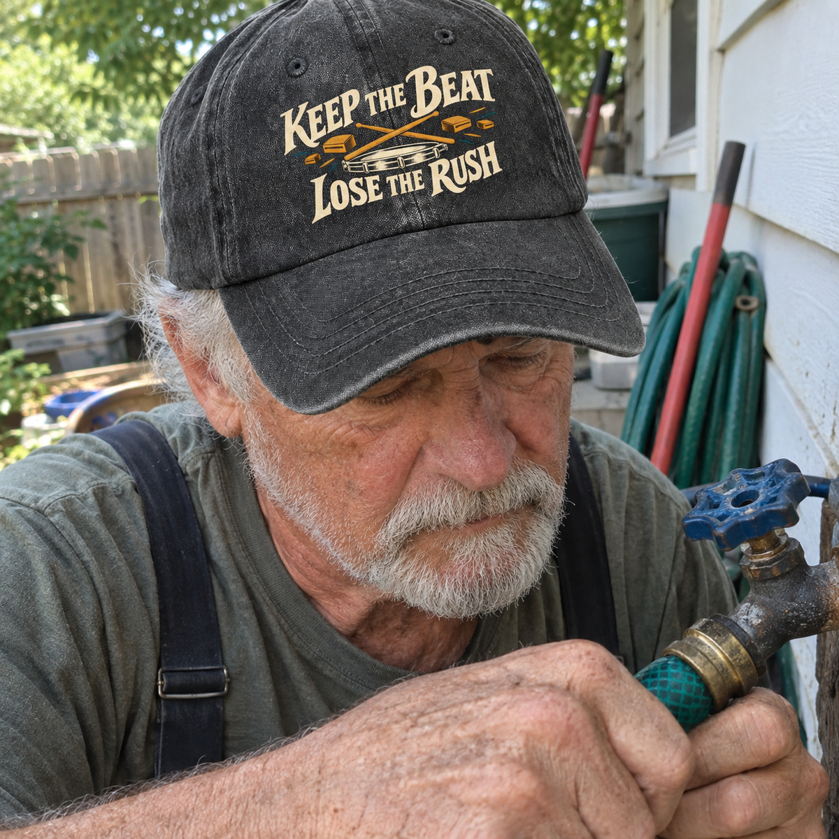 Washed cap with printed Keep The Beat. Lose The Rush slogan worn by senior man outdoors.