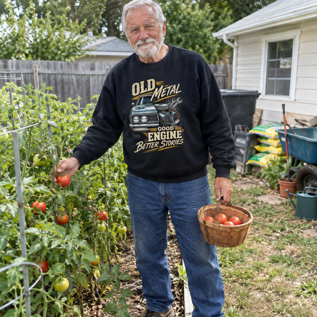 Senior man wearing black vintage sweatshirt with Old Metal Good Engine Better Stories print, gardening with tomatoes.