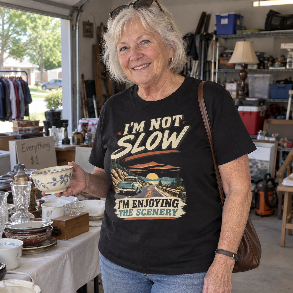 Senior wearing vintage t-shirt with I'm Not Slow I'm Enjoying The Scenery printed design