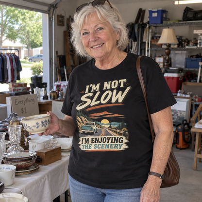 Senior wearing vintage t-shirt with I'm Not Slow I'm Enjoying The Scenery printed design